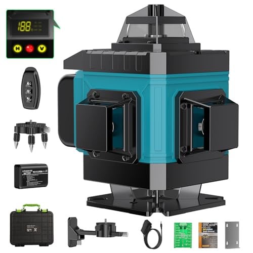 Pdgrid Laserwaterpas voor de bouwplaats, 4D zelfnivellerend met 16 laserlijnen en 4 x 360 graden stralen, inclusief 2 accu's, draaibare houder en afstandsbediening, blauw