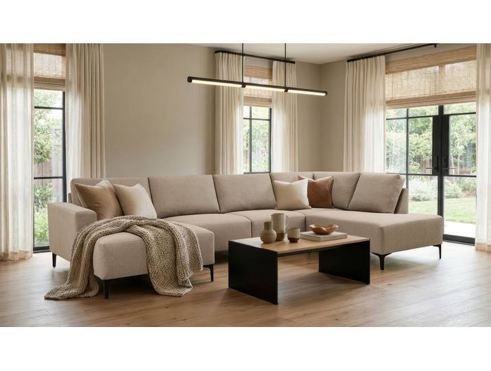 Wohnlandschaft, 333x198 cm, Webstoff, Braun, U-Form & Wellenunterfederung, Skandinavisch, Home-affaire