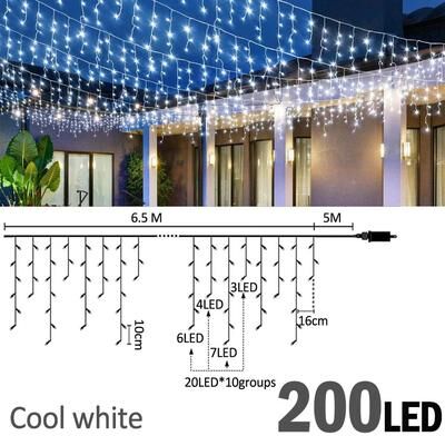 Uplift Picks FrostGlow LED Icicle Lights Waterproof Christmas Curtain Lights cool White (200 Led) eu Plug