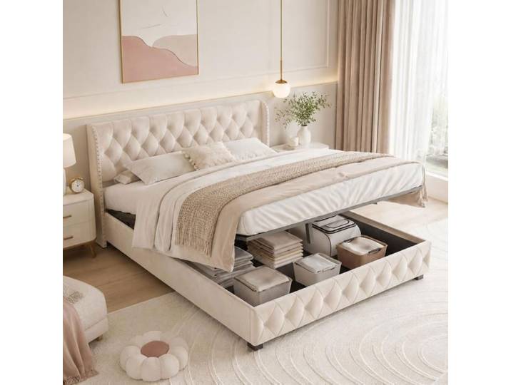 Lit 140x190 lit coffre 140x190 avec sommier lit 2 personnes lit adulte lit rembourré grand lit velours beige