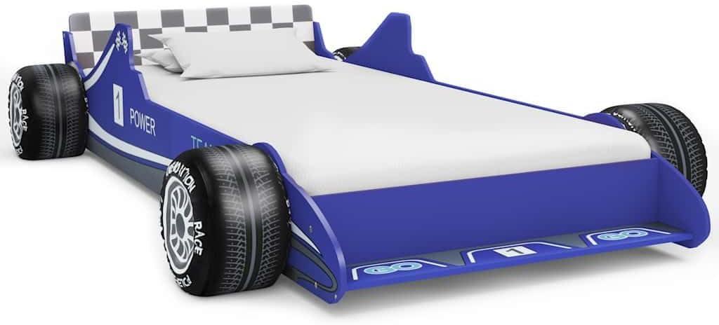 Blaues Kinderbett im Rennwagen-Design, 90 x 200 cm, mit seitlichen Schutzgeländern und stabilen Sperrholzlatten, aus hochwertigen Materialien und einfach zu montieren