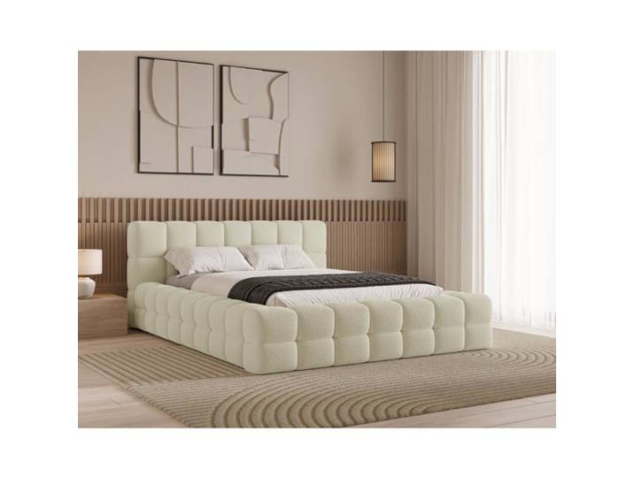Chilly. Design Lit Verona 160 x 200 - Lit Coffre Rembourré - 2 Personnes - Revêtement Élégant Tissu Bouclé Beige
