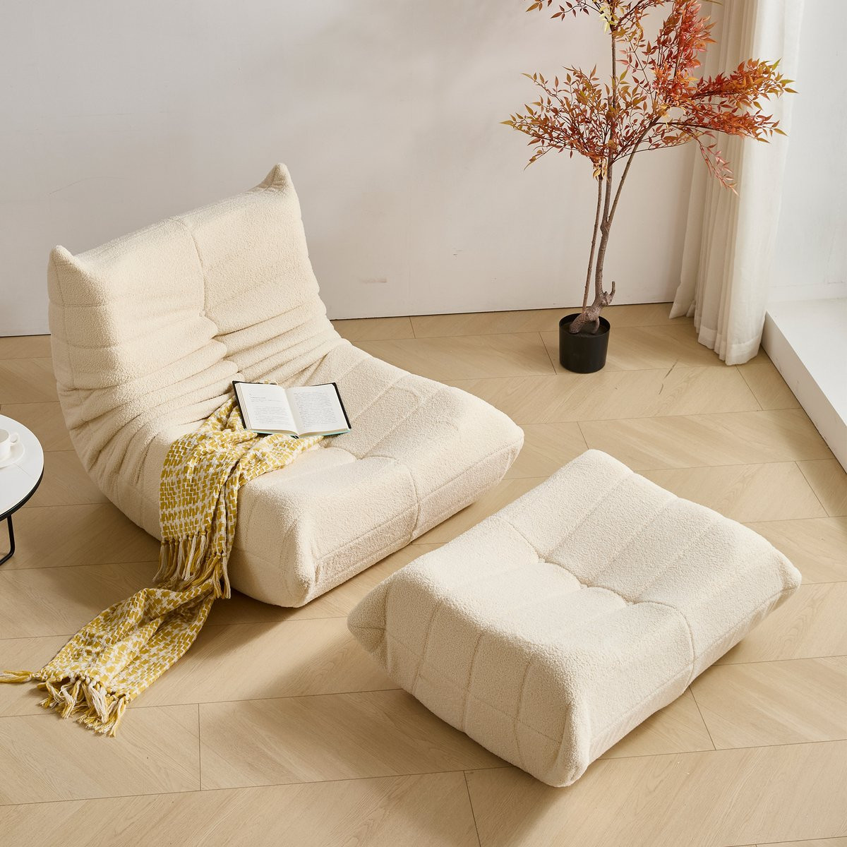 MIVRAY Beanbag Stoel met Voetsteun voor Volwassenen - Indoor Zitzak met Rugleuning - Teddysamt Beige