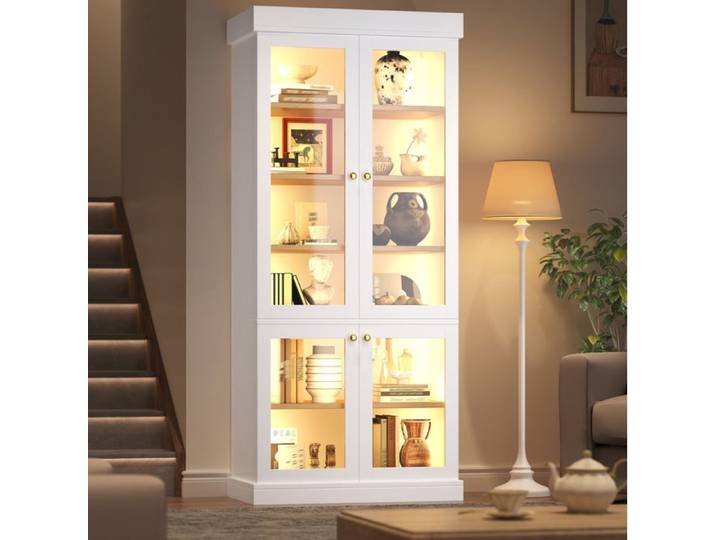 WUVRIE Vitrine haute 80x40x180 cm avec LED multicolore portes vitrées MDF et verre blanc