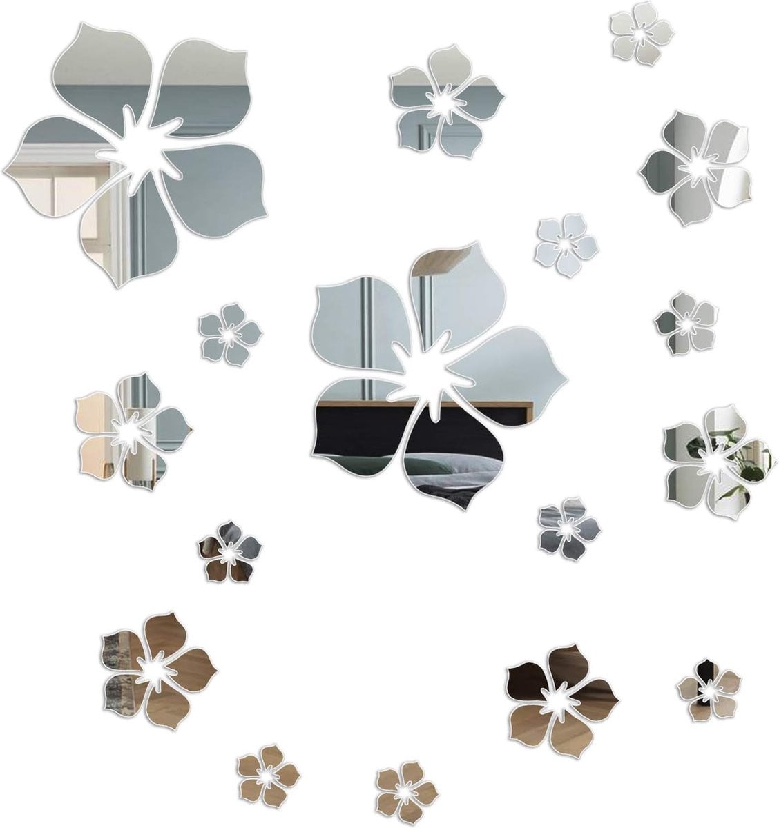 Zelfklevende Acryl Spiegel Muurstickers met 3D Bloemendecoratie - Zilver
