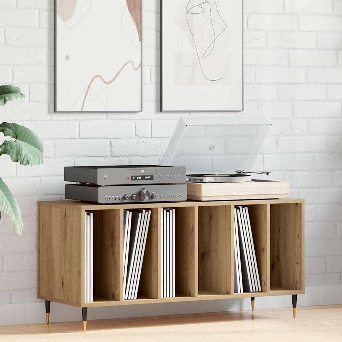 Platenkast Artisan-eiken voor LP-opslag, Breedte: 100 cm