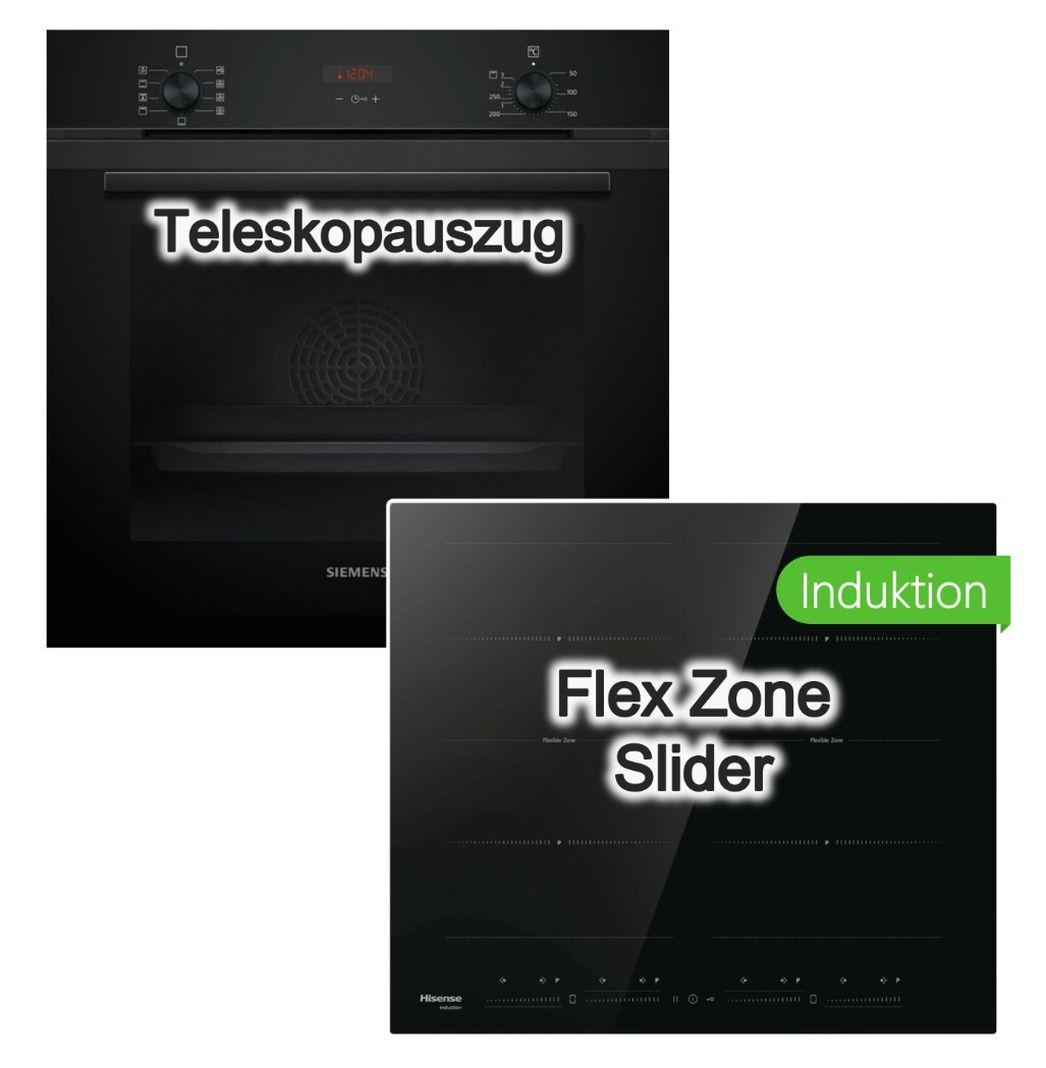 Herdset Siemens Backofen 3D Heißluft Hydrolyse Teleskopauszug+ Hisense Induktionskochfeld 4x Induktion 2x Flex ZoneBooster TouchSlider