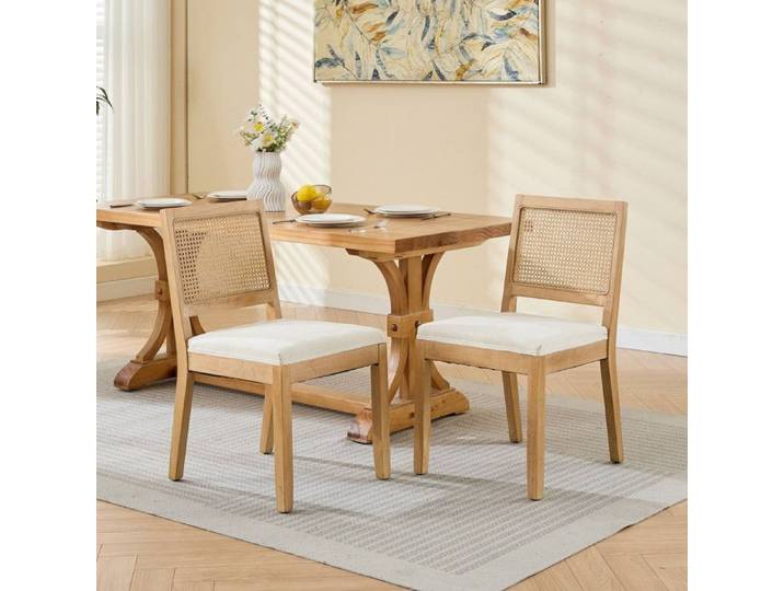Chaise de salle à manger - Style ferme & milieu du siècle - Dossier en canne - Cadre bois dur naturel - Assise lin beige