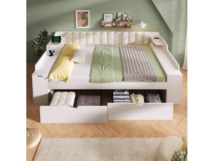 Lit adulte 140x200 cm avec 2 tiroirs et sommier, usb, blanc