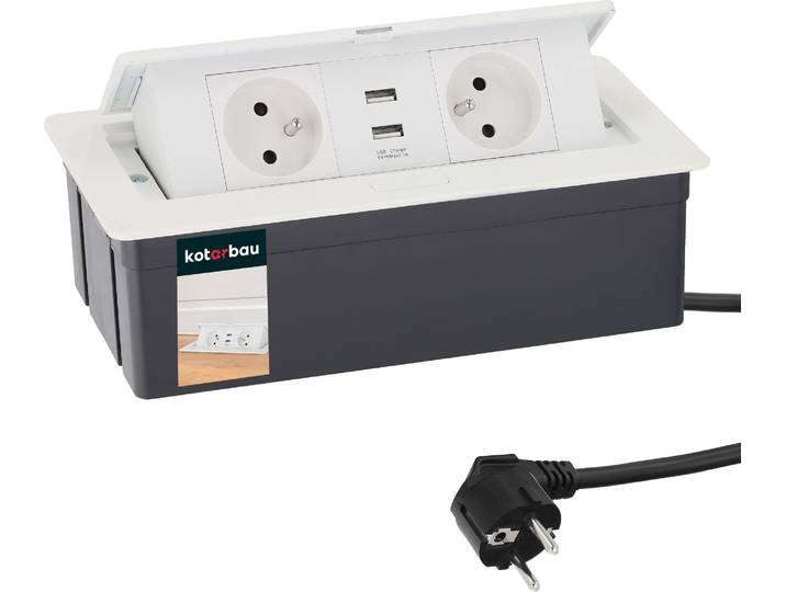 KOTARBAU® Multiprise escamotable 2x avec port USB Aluminium Blanc