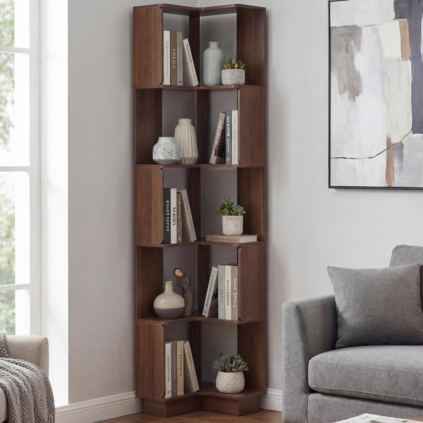 Eck-Bücherregal MCW-P53, Eckregal Standregal Wohnregal, 5 Ebenen MDF Melamin 175x40x40cm ~ braun