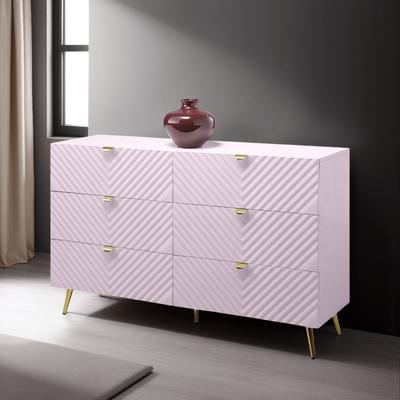 Benjara Tyra Wide Dresser, 6 Drawers, Gold Legs, Gloss Pink Chevron Pattern