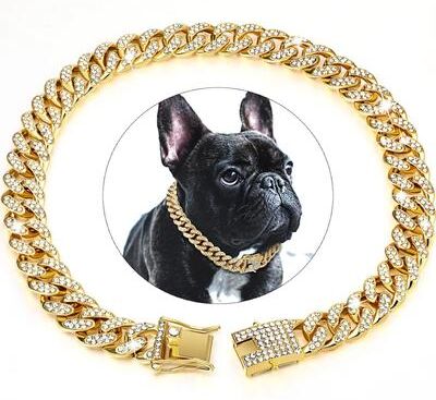 Uplift Treasures Luxury Cuban Link Pet Collar With Crystal Accents gold 25cm 10inch
