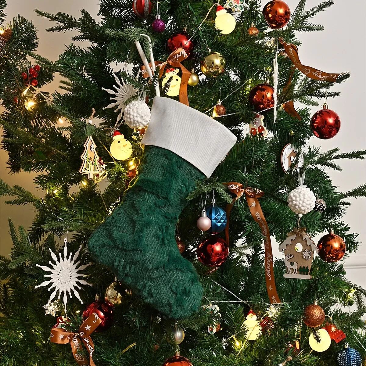INF Chaussette de Noël Renne Verte - Décoration de Fête Brodé en Peluche
