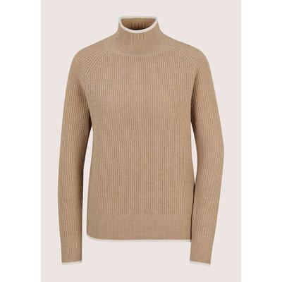 Longpullover MADELEINE "Pullover Wollpullover mit Stehkragen & Perlfang", Damen, Gr. 44/46, beige (caramel, melange, wollweiß), Modern, regular fit, Pullover Longpullover