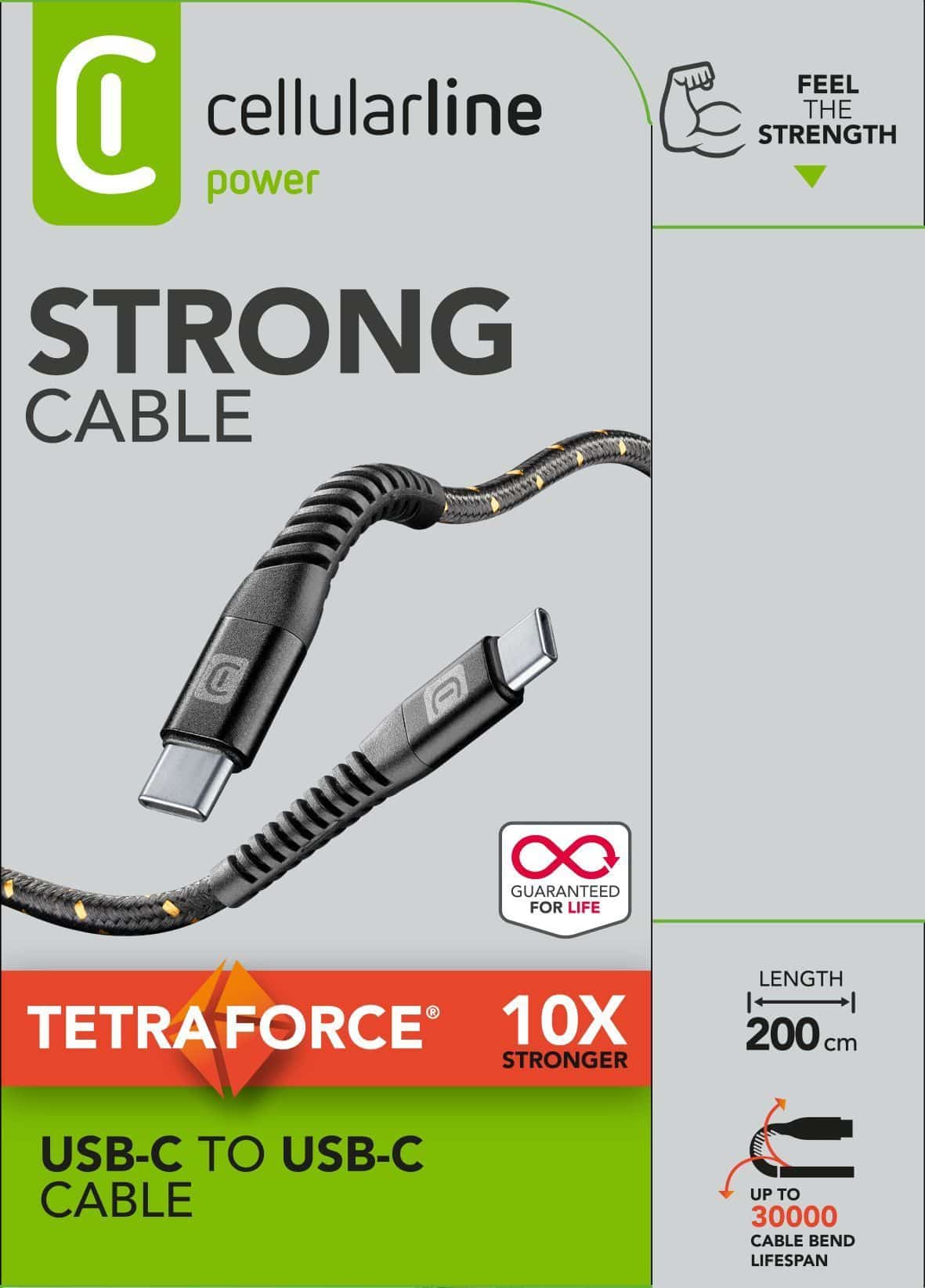 Cellular Line Stecker USB C auf USB C bis 60 W 2 m Tetra Force Cable (Schwarz) TETRACABC2C2MK