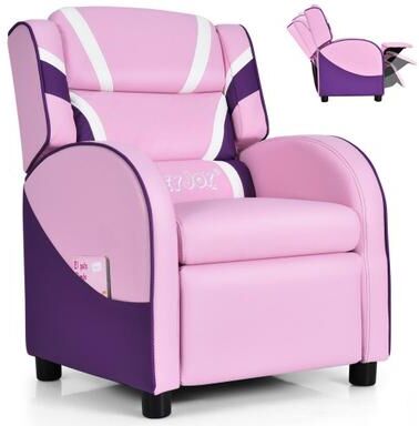Costway Kids Leather Recliner Chair with Side Pockets-Pink