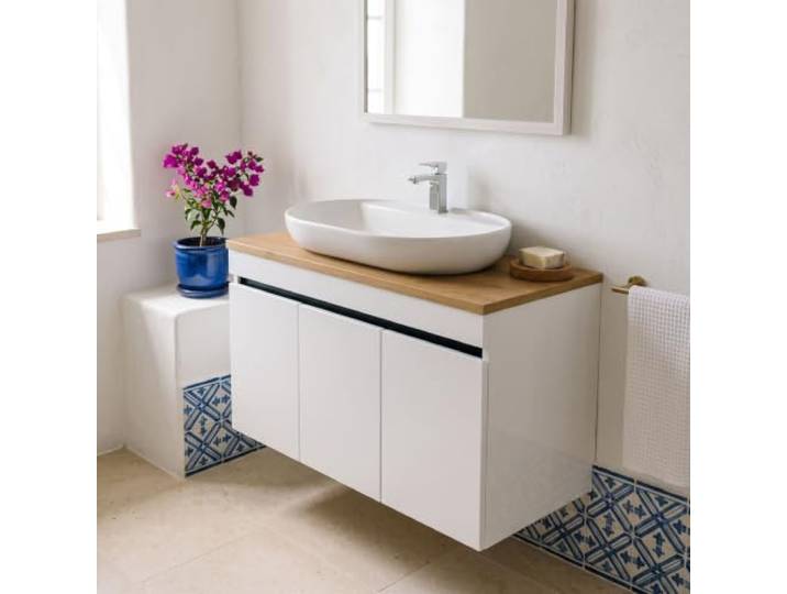 KAREN banyo Konsolenwaschtisch Venus Weiß & Eiche – Waschtisch mit Aufsatzwaschbecken, Hochglanz-Türen mit Griffleisten, Soft-Close, moderner Stil (Venus 100 mit Konsole Eiche)