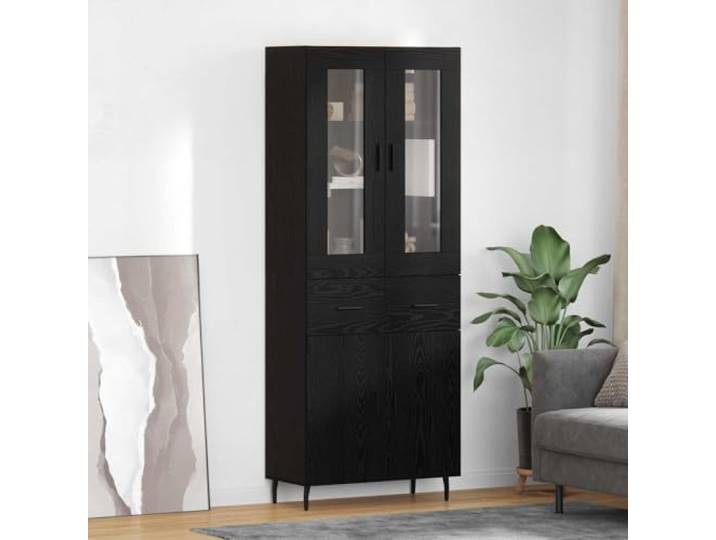 RJPLMFV Anrichte mit 2 Türen, Eiche, Schwarz, Holz Eisenbeine, Stangengriffe, verstellbare Regale, für Wohnzimmer und Esszimmer