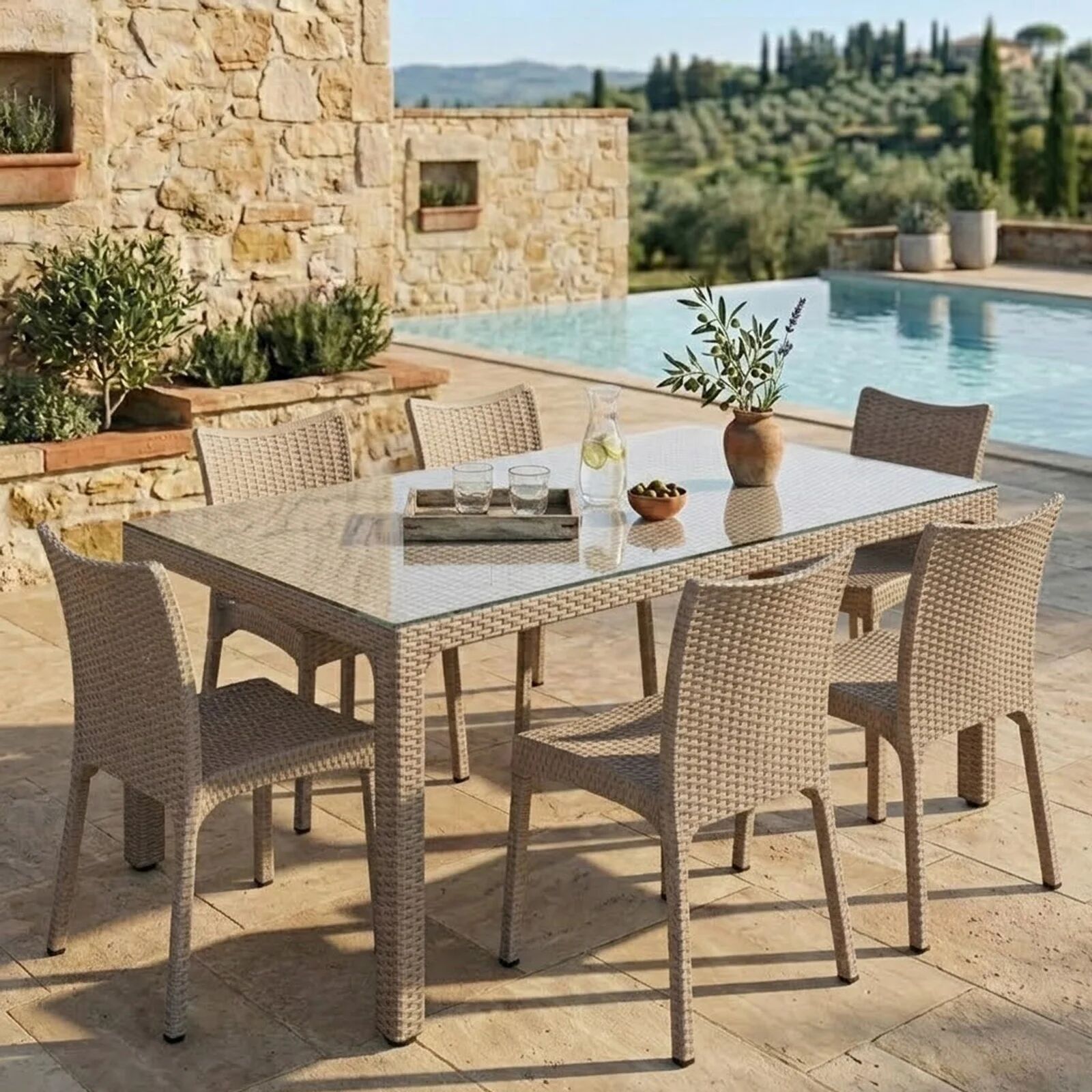 garneroarredamenti Set tavolo da giardino esterno bar dehors rettangolare 150x90cm + 6 sedie effetto rattan tortora Conchiglia