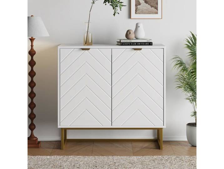 LUNSY Buffet - meuble décoratif d'entrée en MDF - 2 portes - pieds en métal - Blanc