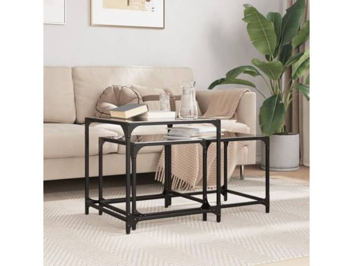 Molumvel 2er Satztisch-Set Glasplatte Stahl Schwarz Couchtisch Platzsparend stapelbar, Modernes Design, Vielseitig einsetzbar