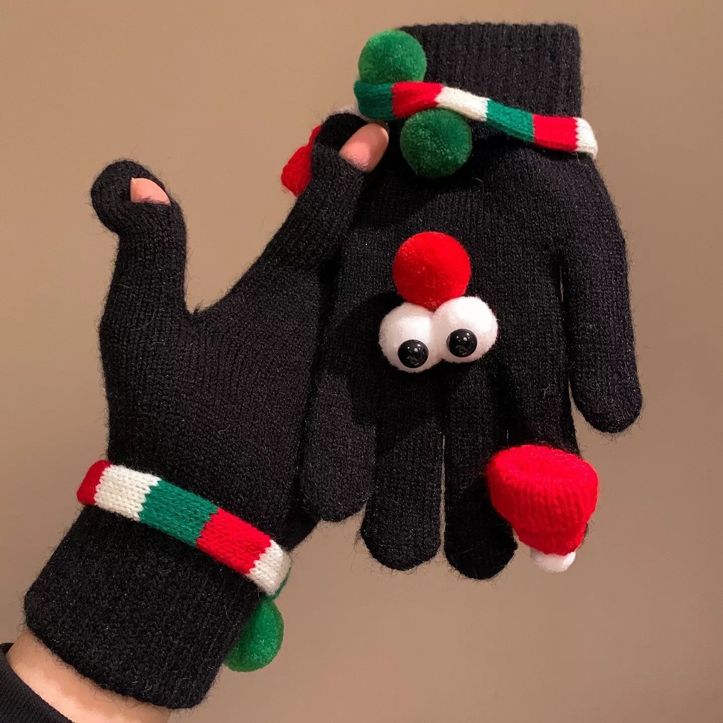 INF Weihnachtliche Strick-Plüschhandschuhe - Damen Winter Spaß Große Augen Winddichte Handschuhe Schwarz