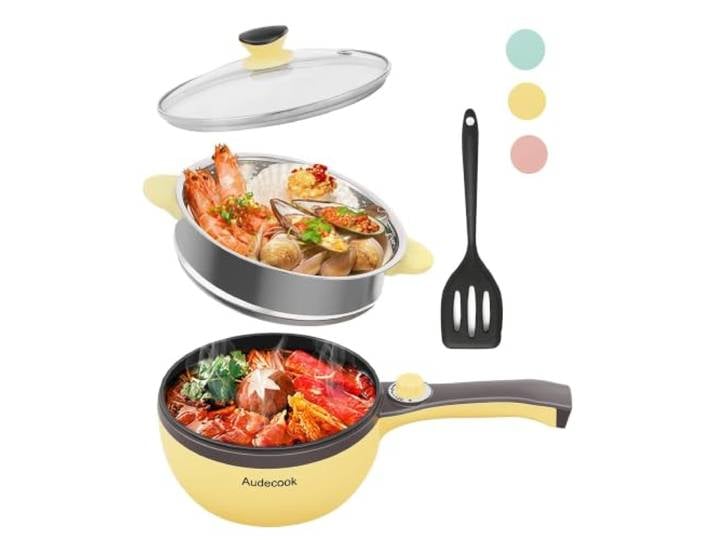 Audecook Hot Pot Électrique Mini Poêle Électrique\, Puissance Réglable Casserole Électrique Portable 1\,5 L\, 1–3 Pers.\, Dortoir\, Appartement\, Bureau\, Voyage\, Camping-Car\, Nouilles\, Soupe\, Steak