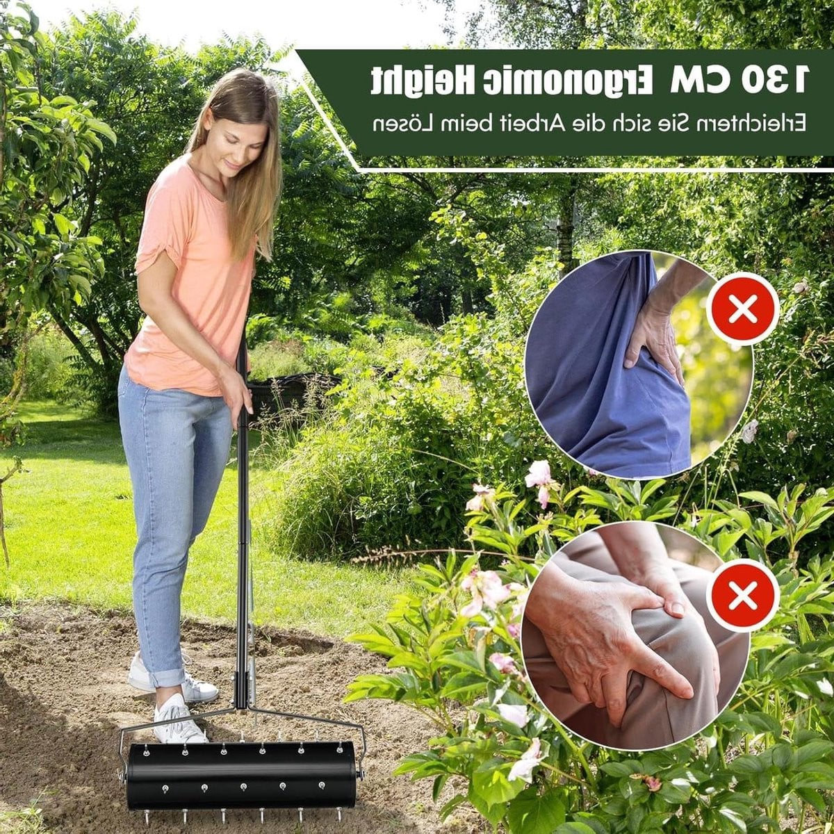 Gazonbeluchter roller Zwart - Handmatige verticuteerder voor gazononderhoud - 53 x 130 cm