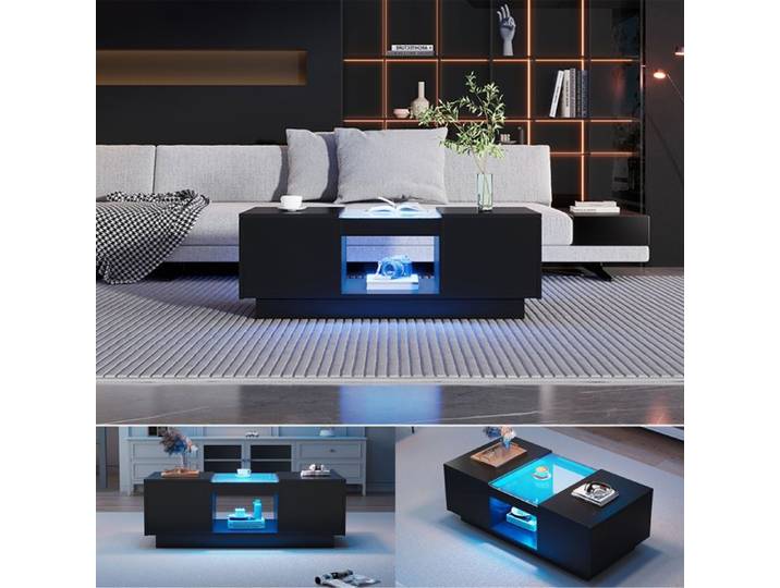 Table basse salon - 100x50x35 5 cm - Verre - LED - 2 tiroirs - Noir moderne