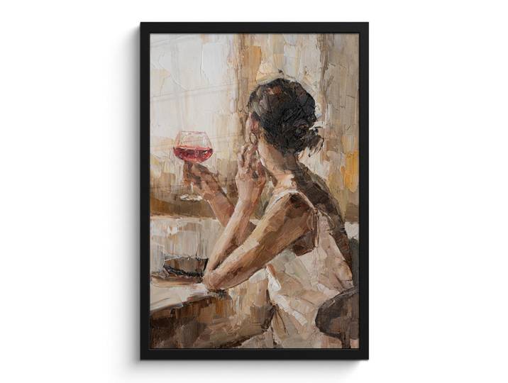 MuchoWow Poster MIT Rahmen Ölgemälde - Frau - Wein Bilder mit Rahmen 40x60 cm, Hellbraun, Papier, Rechteckig, 40x60 cm, gerahmt, Bilder & Rahmen, Bilder