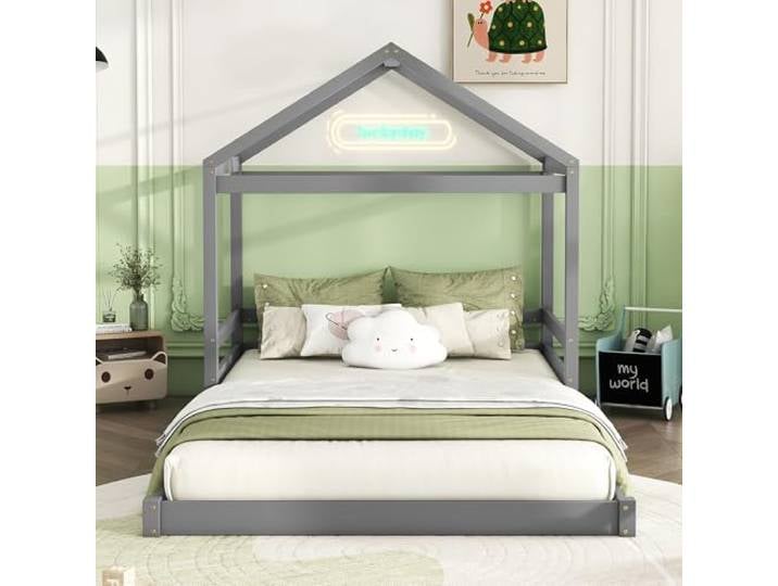 Bellemave Hausbett 140x200,Bodenbett,Kinderbett-Hausform,Kiefernholz Grau Massiv-Kiefernholz Rahmen, inklusive Lattenrost, minimalistisches Haus-Design, belastbar bis 200 kg, ohne Matratze