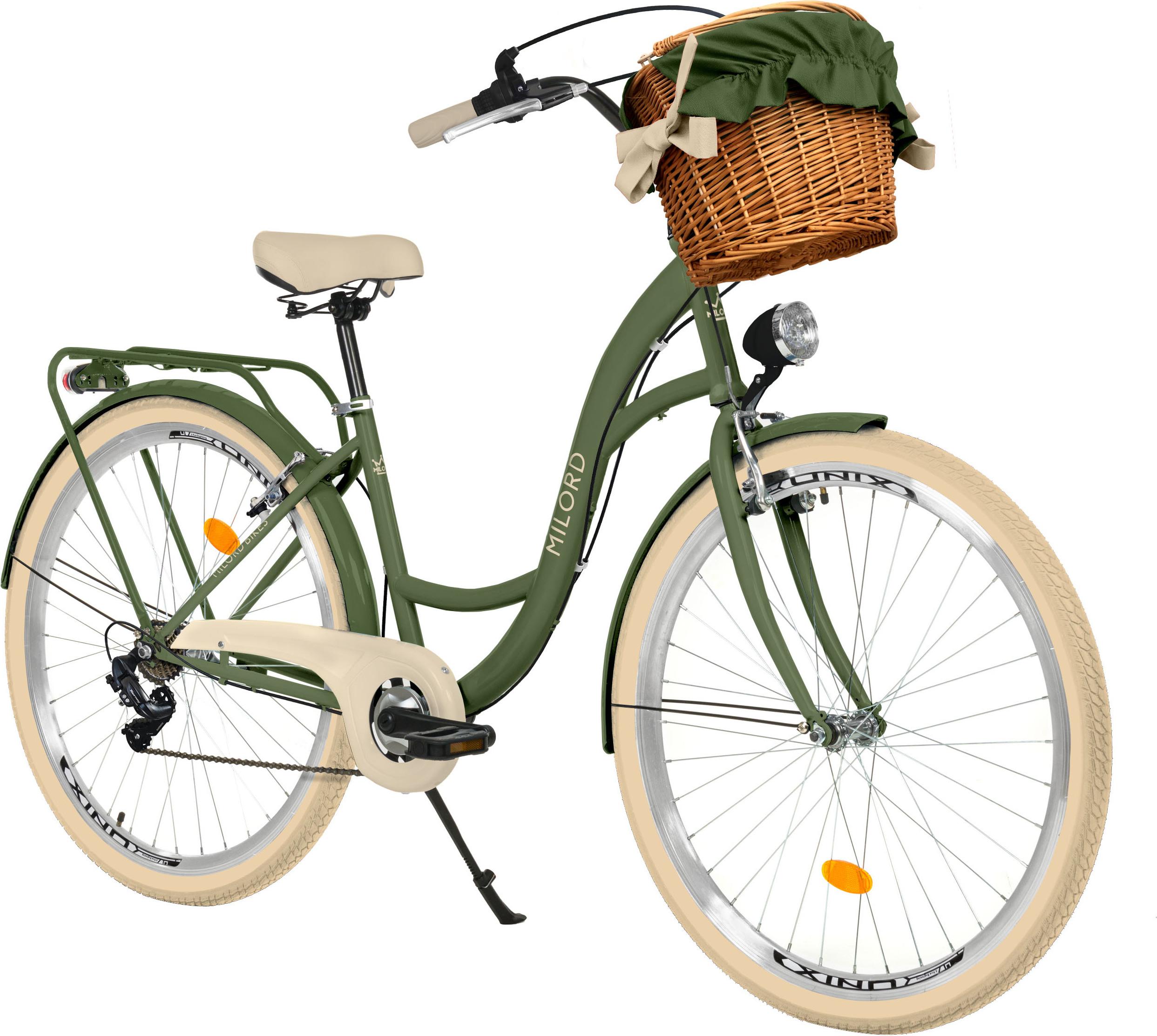 Milord Komfort Fahrrad Mit Weidenkorb Damenfahrrad, 26 Zoll, Grün-Creme, 7 Gang Shimano