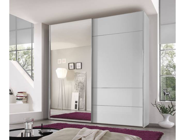 Schwebetürenschrank, Holzwerkstoff, Alpinweißglas, 188×240×68 cm, Mit Spiegel & 4 Varianten, Modern, Staud