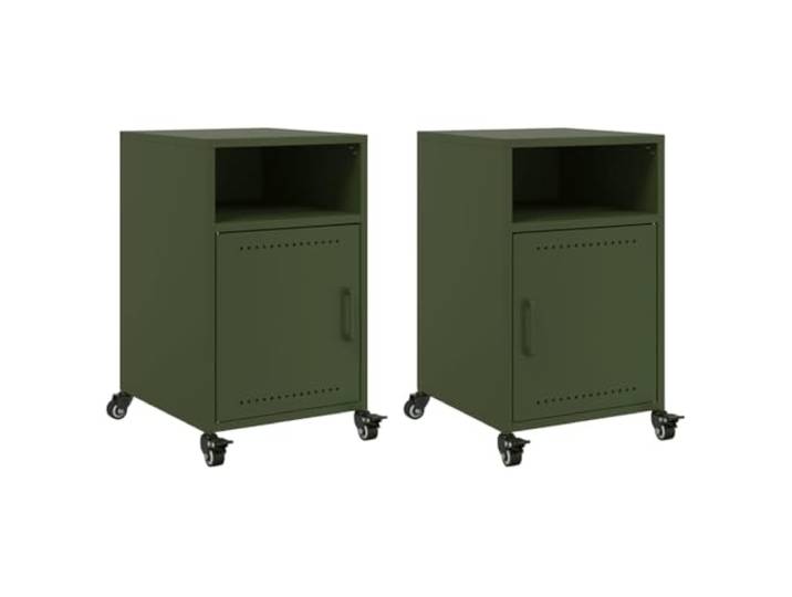 Fisinber Nachttisch 2er Set Olivgrün 36x39x59 cm Stahl Beistelltisch Mobiler Stahl-Nachttisch mit 4 Rollen und Tür für Schlafzimmer oder Wohnzimmer, pflegeleicht mit viel Stauraum, 2er Pack.