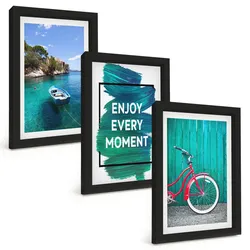 BILDER SET 3er Set - 20x30 cm Schwarzer Rahmen - Inspiration für ein Fahrrad mit Seeboot