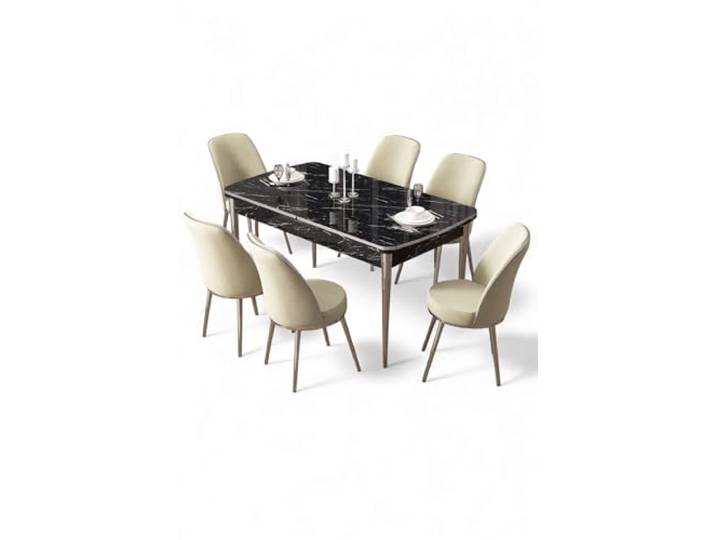 Hanah Home Extendable Dining Table & Chairs Set (7 Pieces), Black Marble & Chrome, 114-144 cm 100% MDF, Metal Legs, Modern Design for Stylish Dining