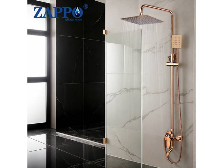 ZAPPO Système de douche exposé en or rose avec spray à main et robinet de baignoire, douche extérieure à poignée unique pour salle de bain