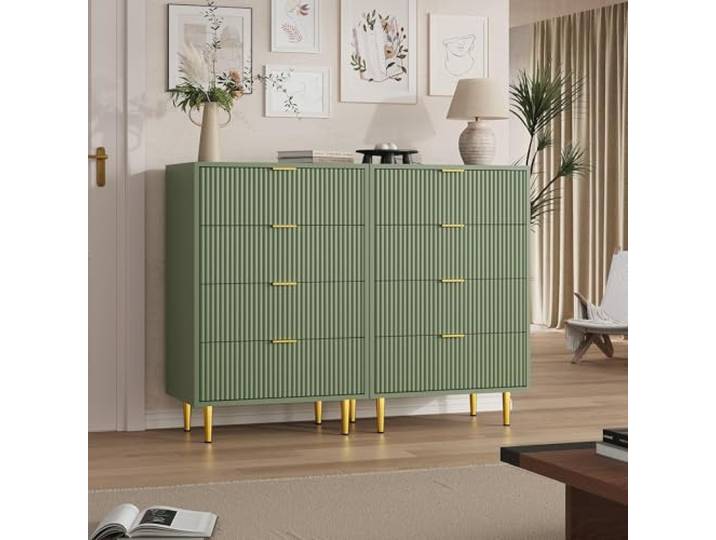 IDEALHOUSE Schmale Kommode mit 4 Schubladen, 60×40×94 cm – geriffelte Wellenfront, Goldfarbene Metallgriffe & -füße, mit Kippschutz, für Schlafzimmer/Wohnzimmer/Flur – Avocadogrün, 4 Schubladen