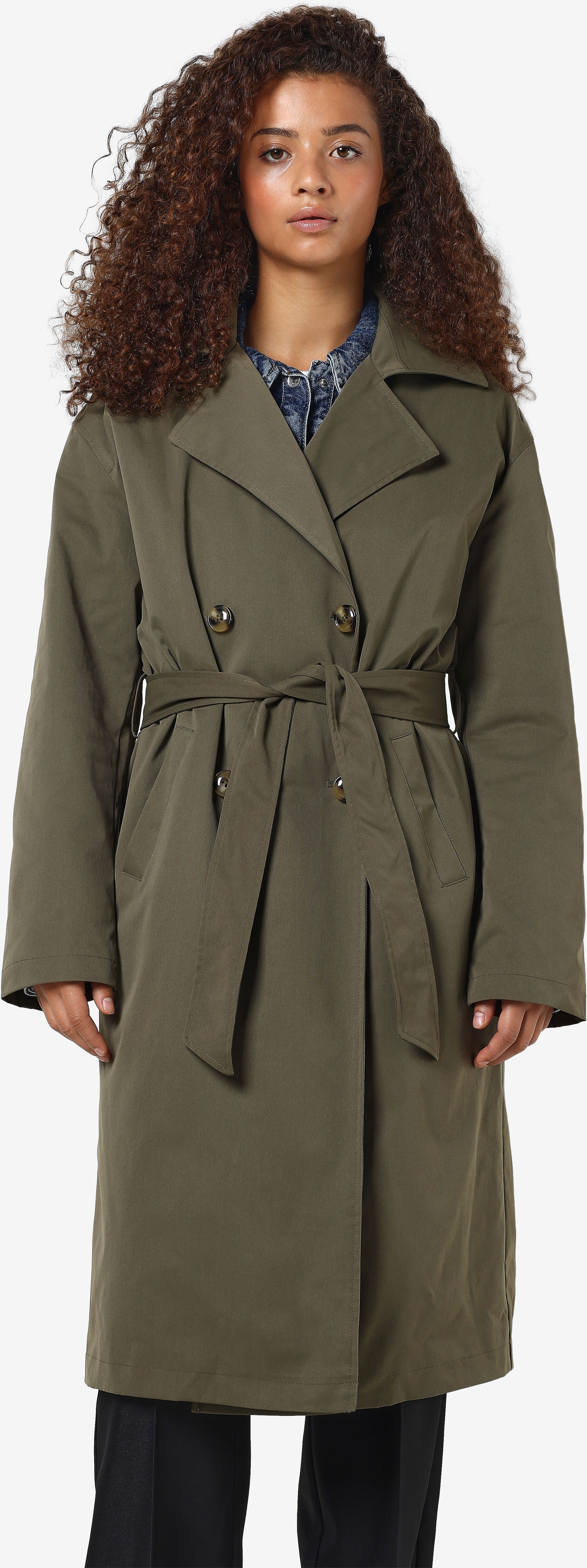 Trenchcoat NOISY MAY "NMMANYA L/S TRENCHCOAT NOOS", Damen, Gr. XS, grün (kalamata), Obermaterial: 100% Polyester, unifarben, lässig geschnitten, tiefer V-Ausschnitt, Mäntel Trenchcoat kalamata XS