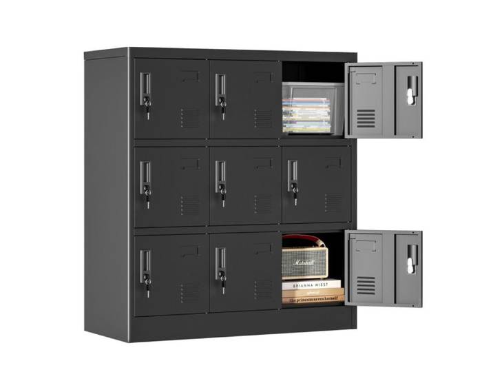 Armoire Vestiaire Métallique 9 Portes Casier de Rangement Sécurisé Serrure et Porte-Étiquette Bureau École 100x90x40cm Noir