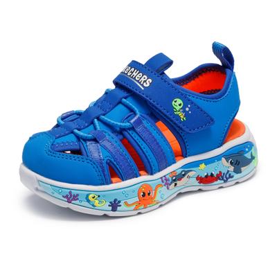 Sandale SKECHERS "PLAY SCENE SPLASH", Mädchen, Gr. 22, atmungsaktiv, blau (hellblau, blau), Lederimitat, kontrastfarbene Details, Schuhe Sandale, Badeschuh mit bunter Sohle, Größenschablone zum Download