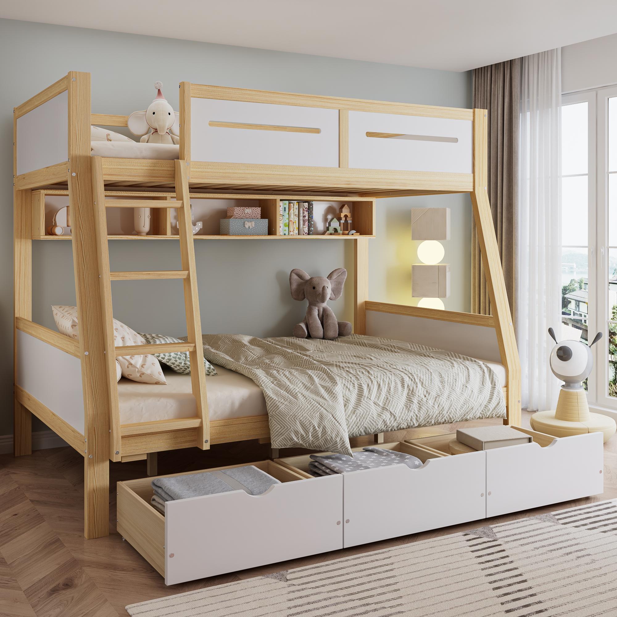 Flieks Etagenbett 90x200cm / 120x200cm, Hochbett Kinderbett mit Schubladen und Regal, Holzbett Stockbett mit Rausfallschutz, Naturbelassen