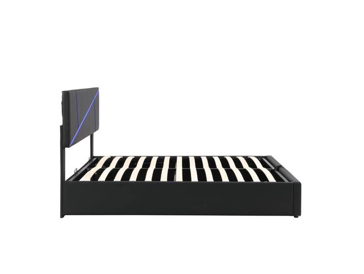 Lit tapissier double en similicuir noir 140x200cm