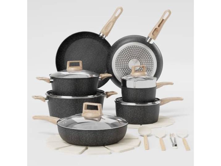 21-teiliges Kochgeschirr-Set aus Aluminium Antihaftbeschichtung, Induktion, gleichmäßiges Erhitzen, mit Dampfgarer + Utensilien, Schwarz