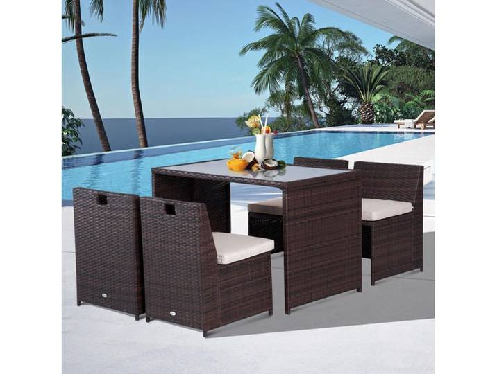 Ensemble table et chaises de jardin AESVAR 4 personnes résine tressée marron coussins rangement