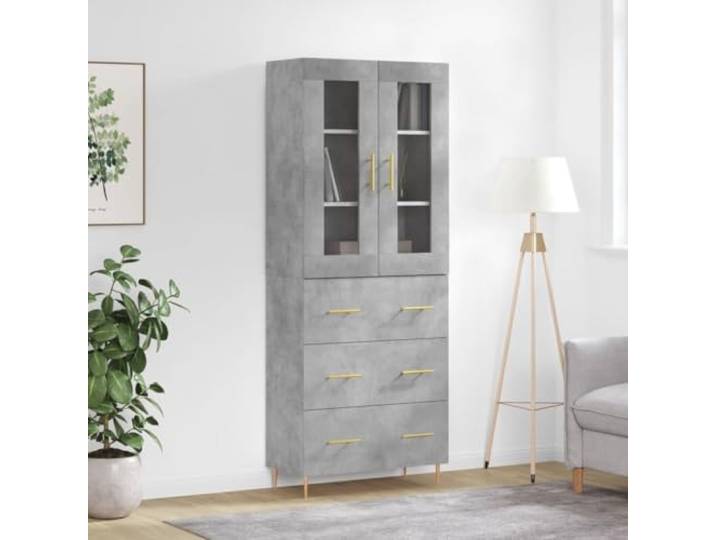 Elegantes Highboard für die Einrichtung aus Holzwerkstoff langlebig in Betongrau mit viel Stauraum, stilvolles Highboard Betongrau für das Wohnzimmer mit Metallfüßen
