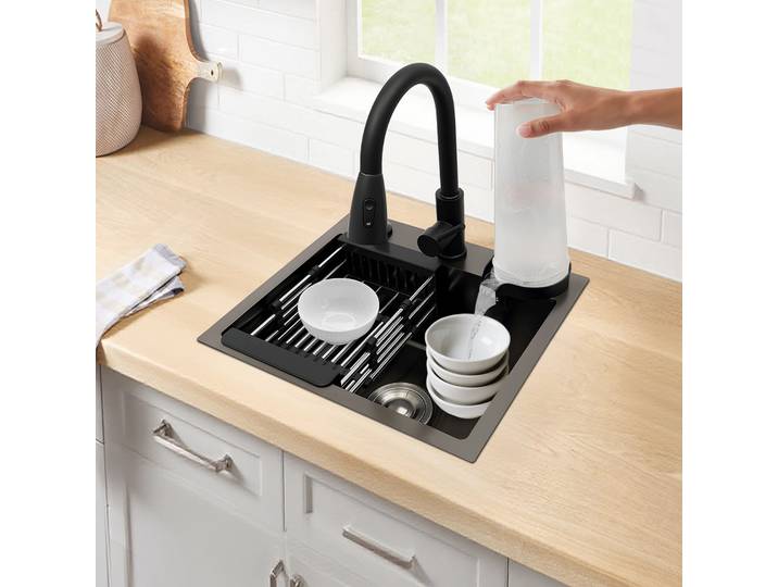 Ensemble d'évier de cuisine avec distributeur de savon au robinet et lave-tasse, évier de cuisine multifonctionnel à nœud unique
