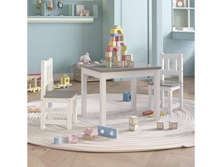 WXGTBKPR Kinder-Sitzgruppe 3-TLG. aus MDF mit 1 Tisch und 2 Stühlen für Kinderzimmer Spielzimmer Weiß Grau