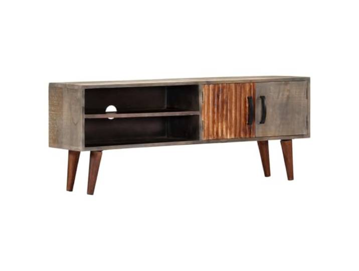 hliofuir TV-Schrank Grau 130x30x46 cm Raues Mango-Massivholz Handgefertigtes Lowboard mit Fächern und Türen für stilvollen Stauraum von Multimediageräten im modernen Wohnzimmer.